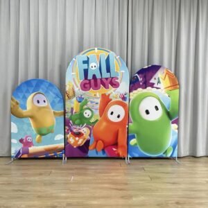 Fall Guys Theme Arch Backdrop Cover, Colorful Video Game Birthday Party Background, Knockout Game Style Chiara Wall Decor, Set of 3 Elastic Covers
