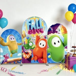 Fall Guys Theme Arch Backdrop Cover, Colorful Video Game Birthday Party Background, Knockout Game Style Chiara Wall Decor, Set of 3 Elastic Covers