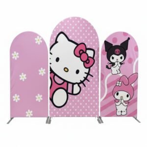 Hello Kitty and Friends Arch Backdrop Cover, My Melody and Kuromi Party Background, Pink Polka Dot Chiara Wall Decor, Cute Kawaii Birthday Backdrop