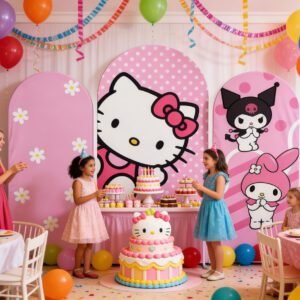 Hello Kitty and Friends Arch Backdrop Cover, My Melody and Kuromi Party Background, Pink Polka Dot Chiara Wall Decor, Cute Kawaii Birthday Backdrop