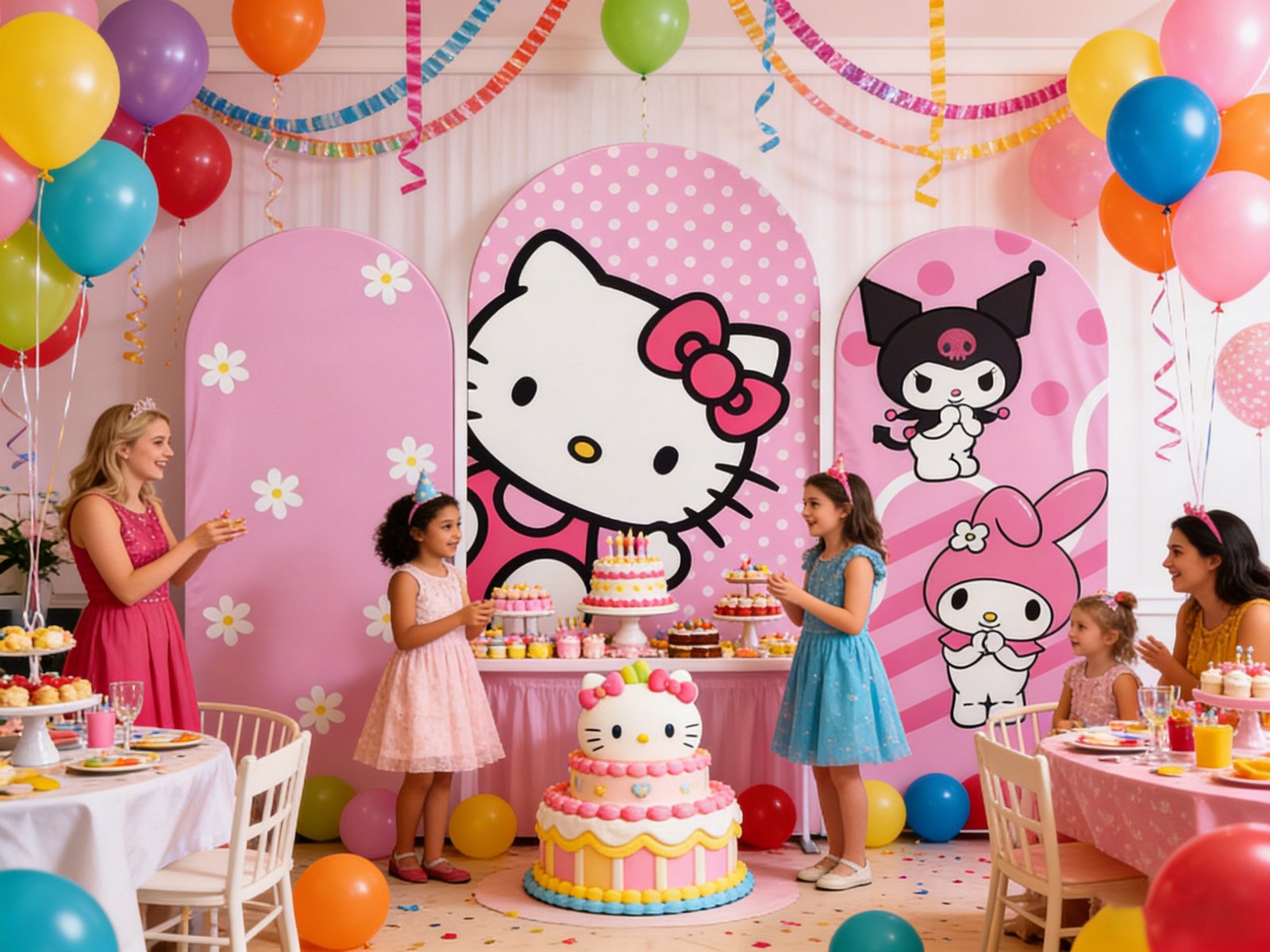 Hello Kitty and Friends Arch Backdrop Cover, My Melody and Kuromi Party Background, Pink Polka Dot Chiara Wall Decor, Cute Kawaii Birthday Backdrop Hello Kitty and Friends Arch Backdrop Cover, My Melody and Kuromi Party Background, Pink Polka Dot Chiara Wall Decor, Cute Kawaii Birthday Backdrop