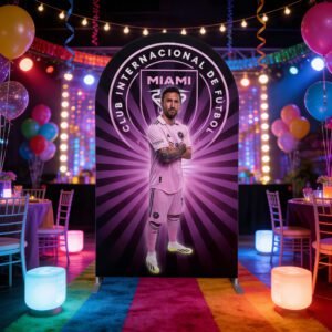 Lionel Messi Inter Miami Theme Arch Backdrop Cover, Pink Soccer Star Birthday Party Background, Club Internacional de Fútbol Miami Decor, Chiara Wall Cover