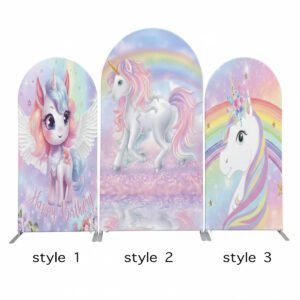 Magical Unicorn Arch Backdrop Cover, Rainbow Fantasy Birthday Party Background, Pastel Pink Wings Unicorn Chiara Wall Decor, Set of 3 Elastic Covers