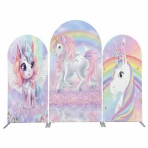 Magical Unicorn Arch Backdrop Cover, Rainbow Fantasy Birthday Party Background, Pastel Pink Wings Unicorn Chiara Wall Decor, Set of 3 Elastic Covers