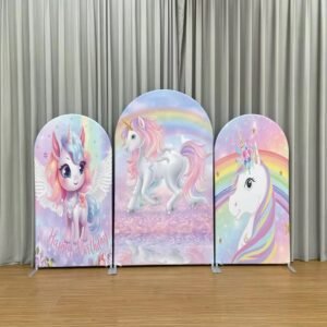 Magical Unicorn Arch Backdrop Cover, Rainbow Fantasy Birthday Party Background, Pastel Pink Wings Unicorn Chiara Wall Decor, Set of 3 Elastic Covers