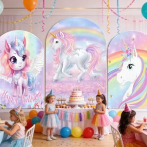 Magical Unicorn Arch Backdrop Cover, Rainbow Fantasy Birthday Party Background, Pastel Pink Wings Unicorn Chiara Wall Decor, Set of 3 Elastic Covers
