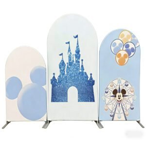 Mickey Mouse Inspired Arch Backdrop, Blue Ferris Wheel and Magic Castle Party Decoration, Classic Cartoon Theme Celebration Wall, Professional Photo Booth Props