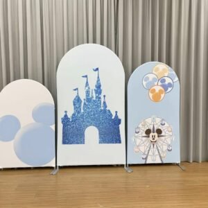 Mickey Mouse Inspired Arch Backdrop, Blue Ferris Wheel and Magic Castle Party Decoration, Classic Cartoon Theme Celebration Wall, Professional Photo Booth Props