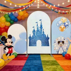 Mickey Mouse Inspired Arch Backdrop, Blue Ferris Wheel and Magic Castle Party Decoration, Classic Cartoon Theme Celebration Wall, Professional Photo Booth Props