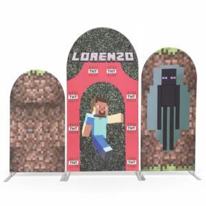 Minecraft Backdrop, Green Grass and TNT Theme Arch Cover, Boys Video Game Birthday Party Decoration, Game Character Photo Booth Props
