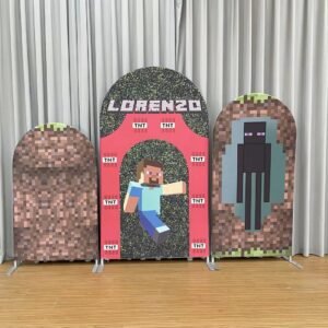 Minecraft Backdrop, Green Grass and TNT Theme Arch Cover, Boys Video Game Birthday Party Decoration, Game Character Photo Booth Props