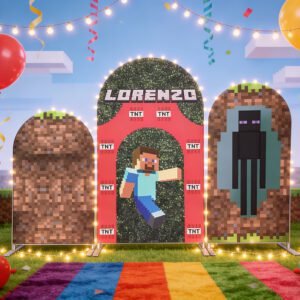 Minecraft Backdrop, Green Grass and TNT Theme Arch Cover, Boys Video Game Birthday Party Decoration, Game Character Photo Booth Props