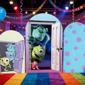 Monsters Inc Theme Arch Backdrop Cover, Sulley and Mike Wazowski Birthday Party Background, Boo's Door Theme Chiara Wall Decor, Set of 3 Elastic Covers
