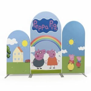 Peppa Pig Family Theme Arch Backdrop Cover, George and Peppa Birthday Party Background, Muddy Puddles and Rainbow Chiara Wall, Set of 3 Elastic Covers