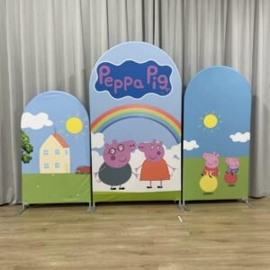 Peppa Pig Family Theme Arch Backdrop Cover, George and Peppa Birthday Party Background, Muddy Puddles and Rainbow Chiara Wall, Set of 3 Elastic Covers