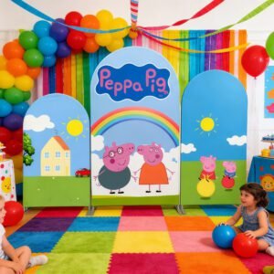 Peppa Pig Family Theme Arch Backdrop Cover, George and Peppa Birthday Party Background, Muddy Puddles and Rainbow Chiara Wall, Set of 3 Elastic Covers