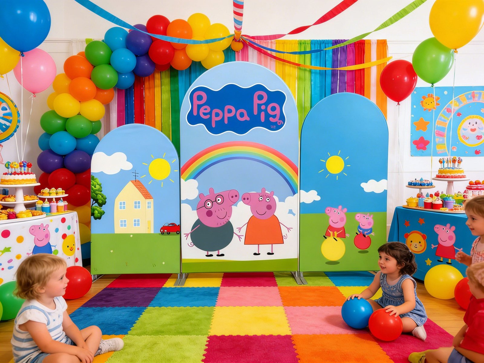 Peppa Pig Family Theme Arch Backdrop Cover, George and Peppa Birthday Party Background, Muddy Puddles and Rainbow Chiara Wall, Set of 3 Elastic Covers Peppa Pig Family Theme Arch Backdrop Cover, George and Peppa Birthday Party Background, Muddy Puddles and Rainbow Chiara Wall, Set of 3 Elastic Covers