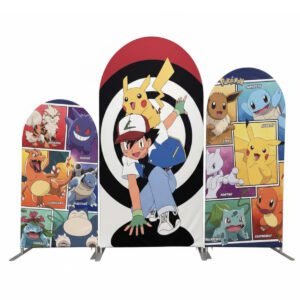 Pokemon Theme Birthday Backdrop for Boys, Pikachu and Poke Ball Arch Wall Decor, Kids Video Game Party Supplies, Gotta Catch 'Em All Chiara Backdrop Set