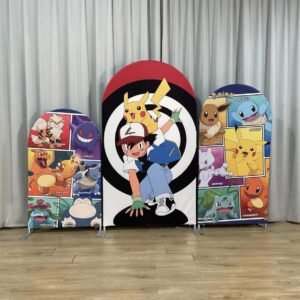 Pokemon Theme Birthday Backdrop for Boys, Pikachu and Poke Ball Arch Wall Decor, Kids Video Game Party Supplies, Gotta Catch 'Em All Chiara Backdrop Set