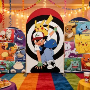 Pokemon Theme Birthday Backdrop for Boys, Pikachu and Poke Ball Arch Wall Decor, Kids Video Game Party Supplies, Gotta Catch 'Em All Chiara Backdrop Set