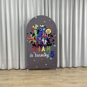 Rainbow Friends Game Theme Arch Backdrop Cover, Blue Green Orange and Red Character Background, Kids Video Game Birthday Party Decor, Chiara Wall Cover
