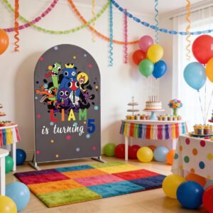 Rainbow Friends Game Theme Arch Backdrop Cover, Blue Green Orange and Red Character Background, Kids Video Game Birthday Party Decor, Chiara Wall Cover