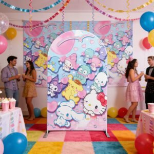 Sanrio All Stars Arch Backdrop Cover, Hello Kitty My Melody Kuromi Party Background, Cinnamoroll Pompompurin Chiara Wall Decor, Cute Kawaii Birthday Backdrop