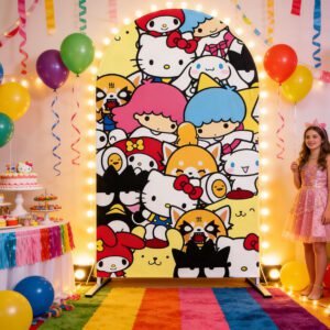 Sanrio Friends Arch Backdrop Cover, Hello Kitty My Melody Kuromi Party Background, Cinnamoroll Pompompurin Chiara Wall, Kawaii Characters Collage Backdrop
