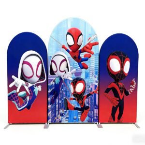 Spider-Man Theme Birthday Backdrop for Boys, Spidey and Friends Arch Wall Decor, Kids First Birthday Super Hero Party Supplies, Action-Packed Event Wall 01