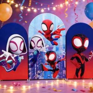 Spider-Man Theme Birthday Backdrop for Boys, Spidey and Friends Arch Wall Decor, Kids First Birthday Super Hero Party Supplies, Action-Packed Event Wall 01