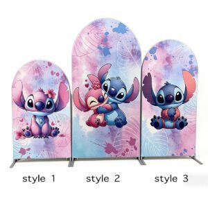 Stitch and Angel Arch Backdrop Set - 3 Panels Pink Blue Watercolor Lilo & Stitch Photo Booth Background for Kids Birthday Party