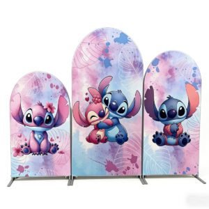 Stitch and Angel Arch Backdrop Set - 3 Panels Pink Blue Watercolor Lilo & Stitch Photo Booth Background for Kids Birthday Party