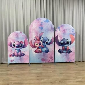 Stitch and Angel Arch Backdrop Set - 3 Panels Pink Blue Watercolor Lilo & Stitch Photo Booth Background for Kids Birthday Party