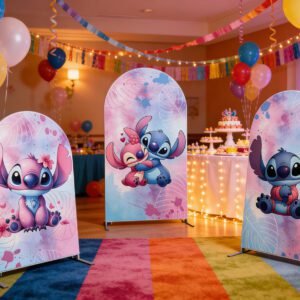 Stitch and Angel Arch Backdrop Set - 3 Panels Pink Blue Watercolor Lilo & Stitch Photo Booth Background for Kids Birthday Party