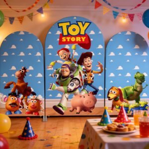 Toy Story Arch Backdrop Set - 3 Panels Woody, Buzz & Jessie Characters Photo Booth Background for Kids Birthday Party Decor