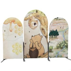 Winnie the Pooh Arch Backdrop Set - 3 Panels Honey & Hundred Acre Wood Map Photo Booth Background for Kids Birthday Party Decor