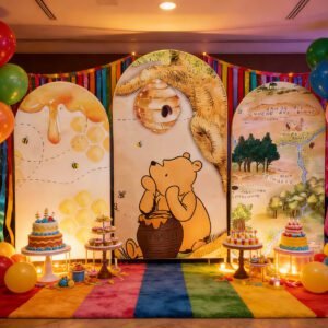 Winnie the Pooh Arch Backdrop Set - 3 Panels Honey & Hundred Acre Wood Map Photo Booth Background for Kids Birthday Party Decor