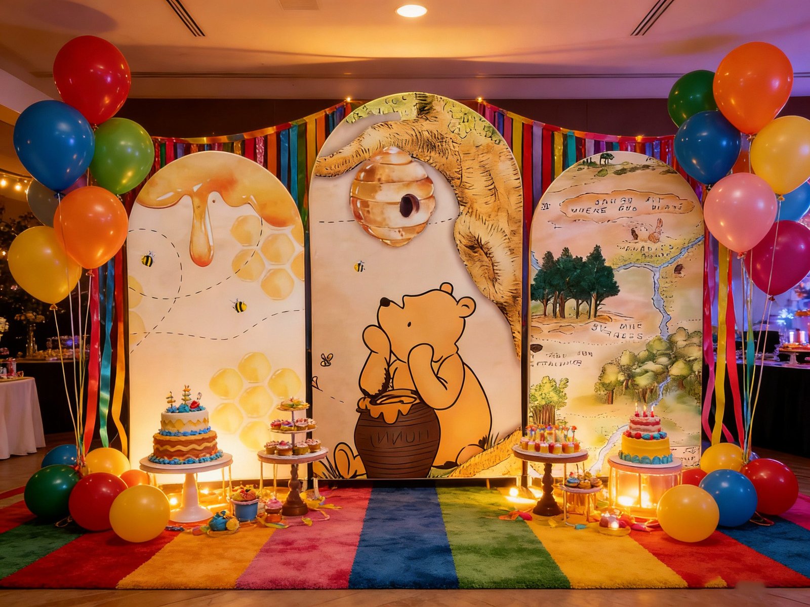 winnie the pooh theme backdrop cover Winnie the Pooh Arch Backdrop Set - 3 Panels Honey & Hundred Acre Wood Map Photo Booth Background for Kids Birthday Party Decor