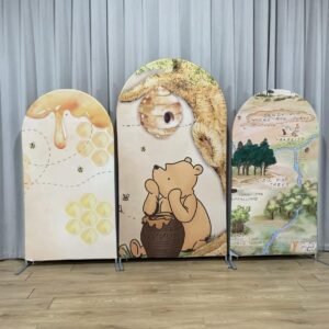 Winnie the Pooh Arch Backdrop Set - 3 Panels Honey & Hundred Acre Wood Map Photo Booth Background for Kids Birthday Party Decor