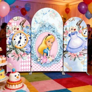 Alice in Wonderland Arch Backdrop Cover, Whimsical Storybook Birthday Party Background, Classic Alice Tea Party Chiara Wall Decor, Set of 3 Elastic Covers