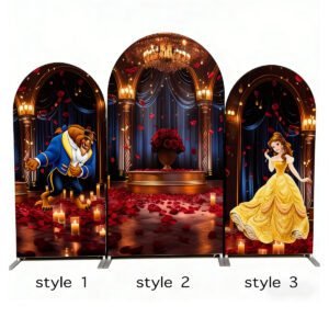 Beauty and the Beast Theme Arch Backdrop Cover, Enchanted Red Rose Ballroom Party Background, Princess Belle Inspired Chiara Wall Decor, Set of 3 Elastic Covers