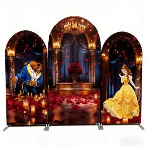 Beauty and the Beast Theme Arch Backdrop Cover, Enchanted Red Rose Ballroom Party Background, Princess Belle Inspired Chiara Wall Decor, Set of 3 Elastic Covers