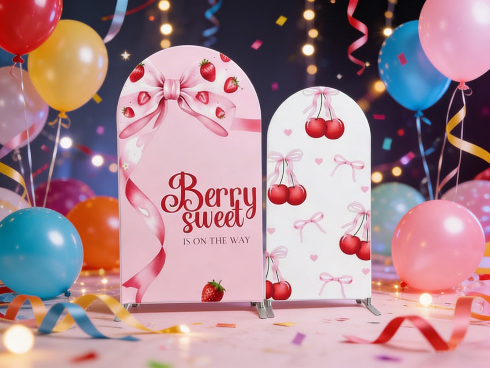 Berry Sweet Is On The Way Baby Shower Arch Backdrop Set - Strawberry & Cherry Party Decor Berry Sweet Is On The Way Baby Shower Arch Backdrop Set - Strawberry & Cherry Party Decor