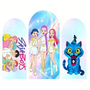 K-POP Saja Boys & HuntrX Arch Backdrop Cover, Cyberpunk Anime Idol Party Background, Trendy Boy Group & Warrior Girl Chiara Wall, Set of 3 Elastic Covers