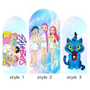K-POP Saja Boys & HuntrX Arch Backdrop Cover, Cyberpunk Anime Idol Party Background, Trendy Boy Group & Warrior Girl Chiara Wall, Set of 3 Elastic Covers