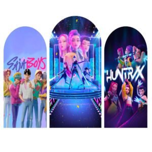 K-POP Saja Boys & HuntrX Arch Backdrop Cover, Cyberpunk Anime Idol Party Background, Trendy Boy Group & Warrior Girl Chiara Wall, Set of 3 Elastic Covers