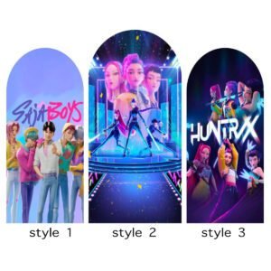 K-POP Saja Boys & HuntrX Arch Backdrop Cover, Cyberpunk Anime Idol Party Background, Trendy Boy Group & Warrior Girl Chiara Wall, Set of 3 Elastic Covers