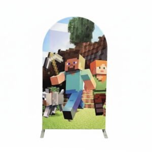 Minecraft Style Chiara Arch Cover - Pixel Mining Hero & Wolf Fabric Backdrop for Boys' Birthday