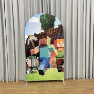 Minecraft Style Chiara Arch Cover - Pixel Mining Hero & Wolf Fabric Backdrop for Boys' Birthday