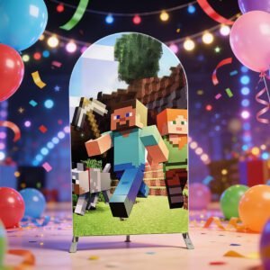 Minecraft Style Chiara Arch Cover - Pixel Mining Hero & Wolf Fabric Backdrop for Boys' Birthday